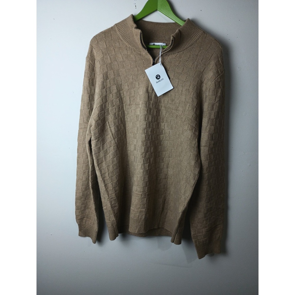 Runcati Mens‎ Khaki Tan Quarter Zip Pullover Sweater Textured Grid Knit M5W293 L